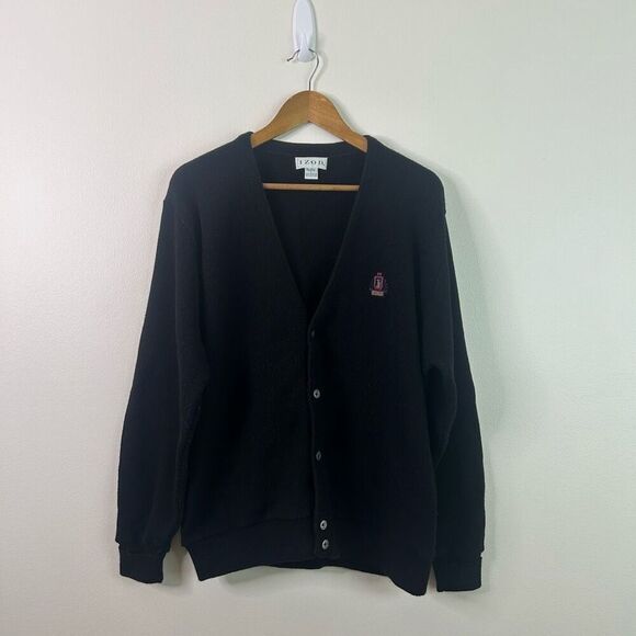 IZOD Black Button Front Crest Logo Cardigan Sweater Men’s Size L Vintage Preppy - Picture 1 of 11